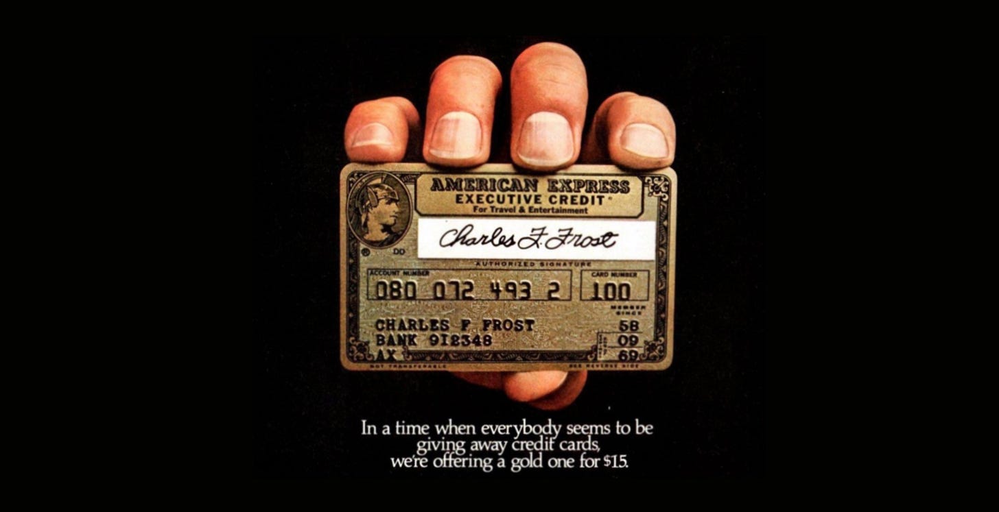 American Express executive credit advertisement and early premium charge card positioning
