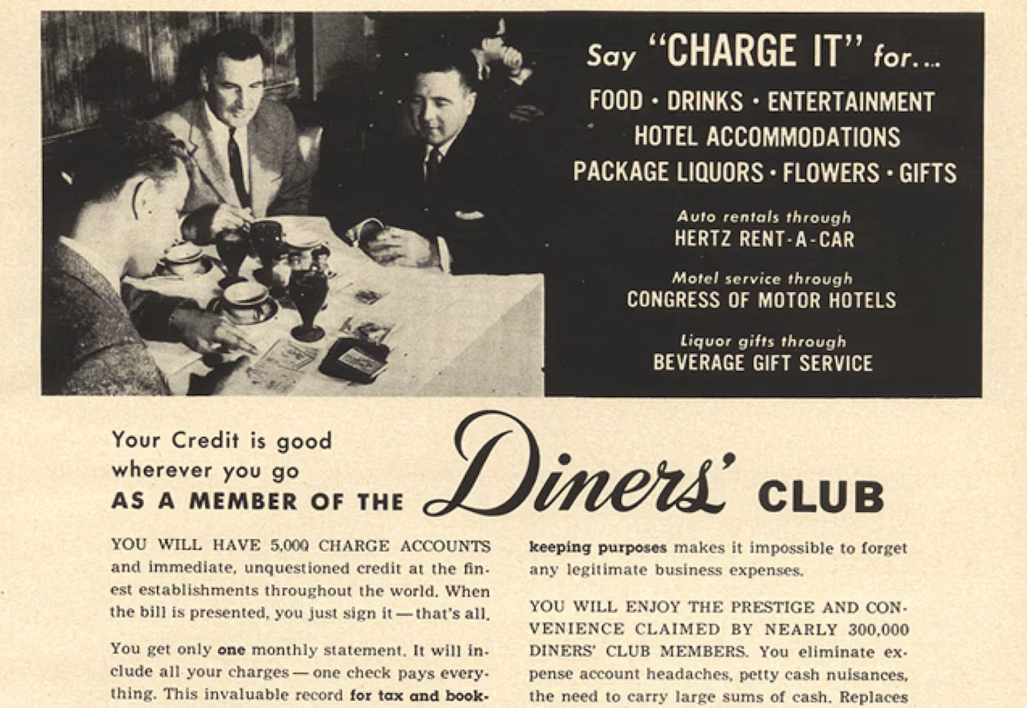 Diners Club charge card advertisement showing the birth of portable trust in payments
