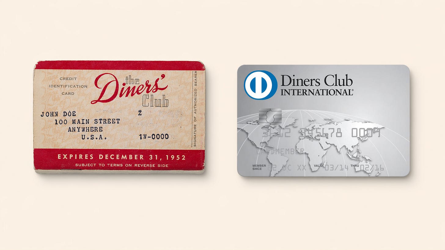 Diners Club original credit card and modern Diners Club International card