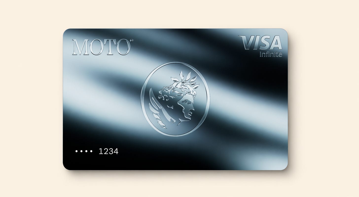 Moto Visa Infinite card showing onchain premium card and collateral-backed credit design