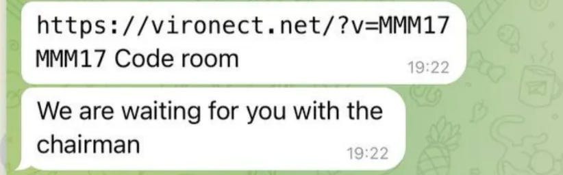 Message containing the unfamiliar Vironect meeting link during the fake fund outreach