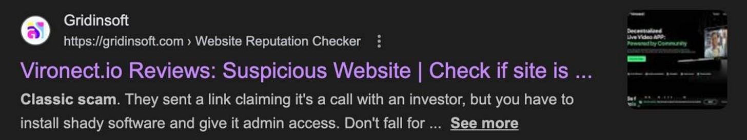 Search result warning about Vironect review and scam concerns