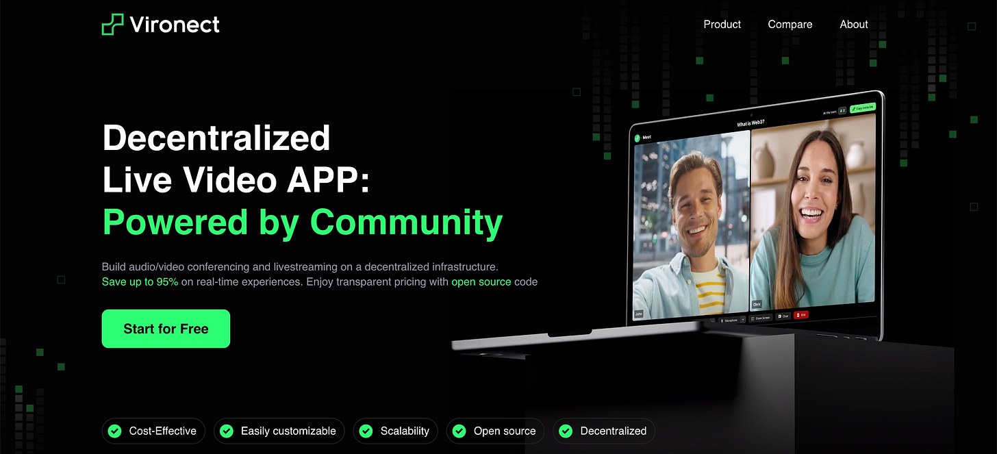 Vironect website screenshot shown as the unfamiliar meeting platform in the fake VC call