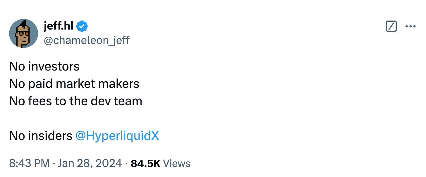 A post on X.com where founder Jeff assures that Hyperliquid is bootstrapped