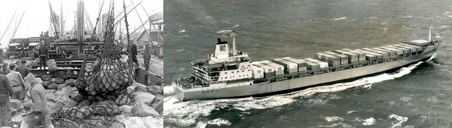 Before and after the invention of the shipping container