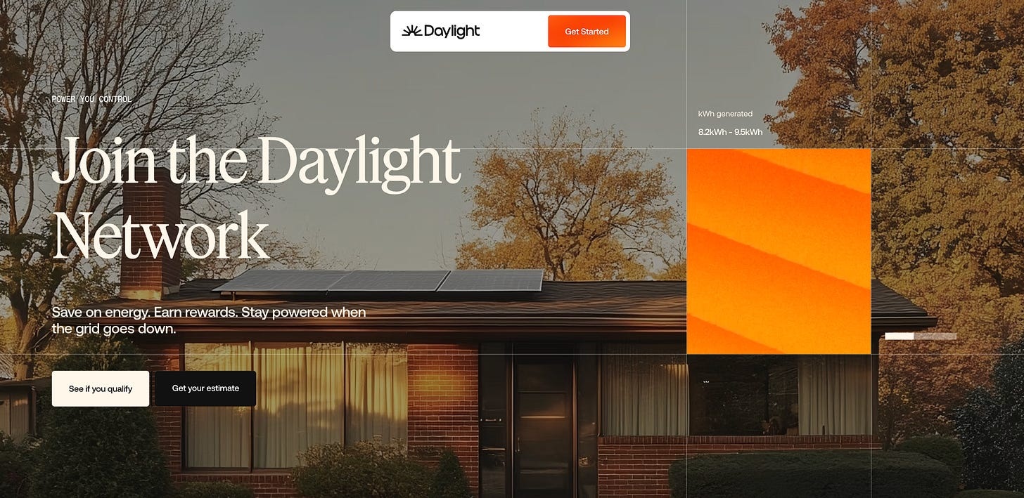 Daylight Energy homepage showing residential solar and battery network model