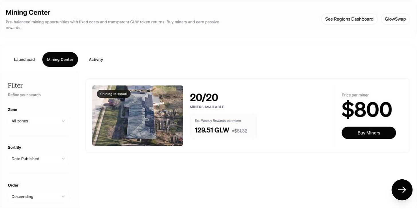 Glow Protocol mining center marketplace screenshot for solar farm financing