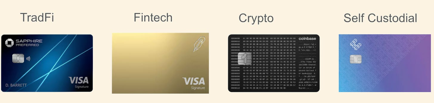 Crypto card stack across TradFi, fintech, crypto and self-custodial cards