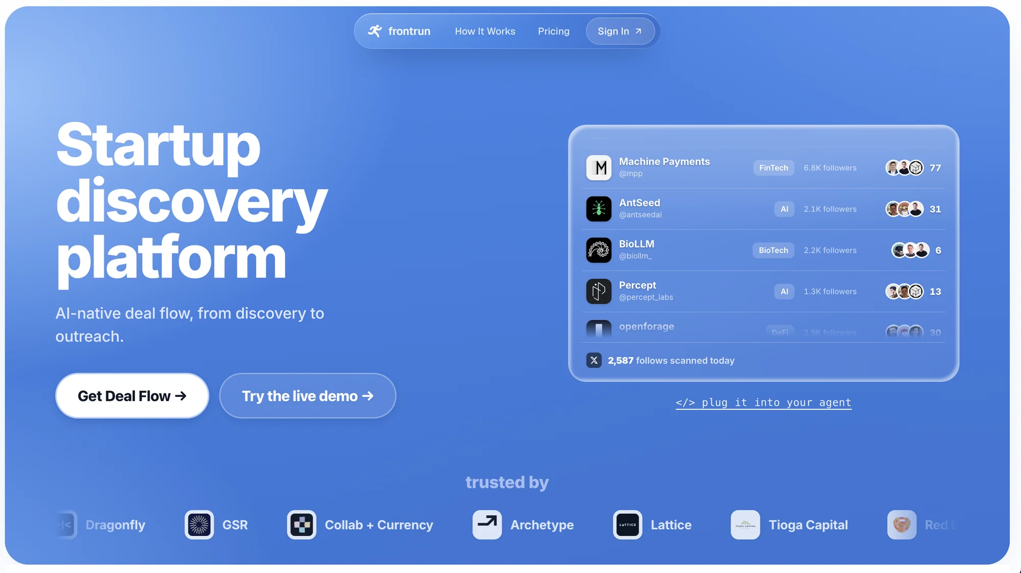 Frontrun startup discovery platform for monitoring venture investor attention signals.